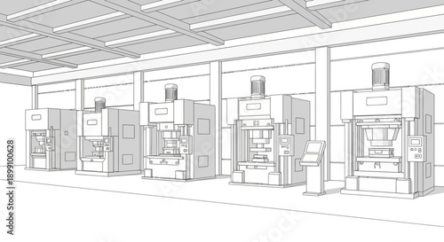 A detailed line drawing of a factory floor featuring multiple industrial stamping presses lined up in a row.