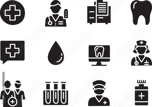 Black healthcare and medical icons set with doctor, nurse, hospital, blood drop, tooth, test tubes, first aid kit and clinic symbols isolated on light background for medicine design