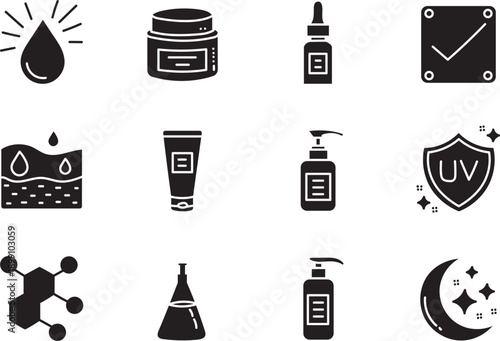 Black skincare and cosmetic icons set with cream jar, serum dropper, sunscreen UV protection, lotion tube, molecule, shampoo bottle and beauty symbols isolated on light background for personal care de