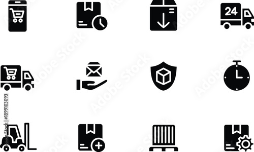 Black logistics and delivery icons set with warehouse, forklift, cargo truck, package tracking, shield protection, stopwatch and shipping symbols isolated on light background for transport design