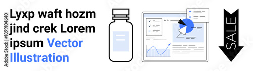 Marketing, e-commerce, health care, data visualization, sales reports, business analytics. Graph and chart interface with a medicine bottle and sale icon. Marketing and e-commerce