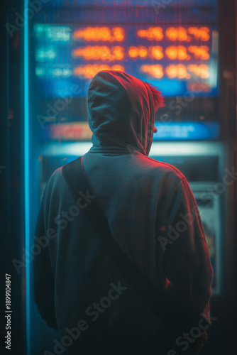 A man viewed from behind watches financial scoring screens, symbolizing algorithmic judgment, credit monitoring, and digital profiling in everyday urban life