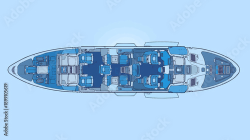 Top view of a large luxury yacht deck plan and layout