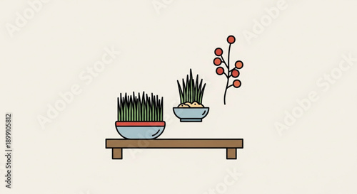 Minimalist wooden bench with potted plants and red berries in bowls on a white background