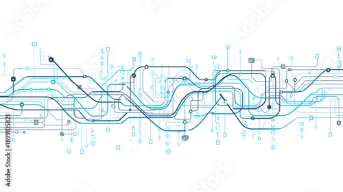 circuit board design with blue and black lines and dots on white background