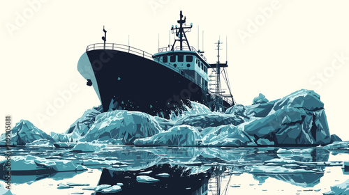 Ship stuck on iceberg in icy waters, climate change concept