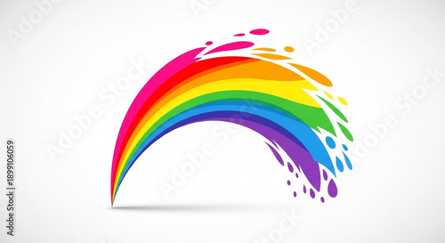 Vibrant rainbow arch with colorful paint splatters on white background creative design element