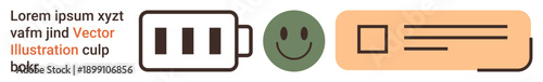 Energy management, positive emotions, efficient communication, productivity tools, user experience, design elements. Battery, happy face and message box shapes. Energy management and positive