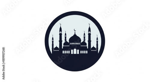 Mosque silhouette icon with domes and minarets in dark blue circle