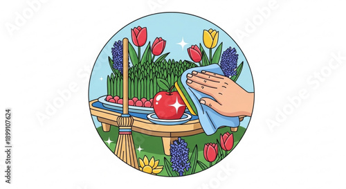 Hand cleaning red apple on wooden table surrounded by colorful tulips and lavender in garden scene illustration