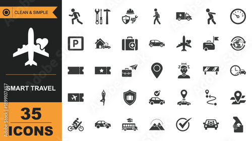 Collection of 35 for smart travel and transportation themes with clean simple style