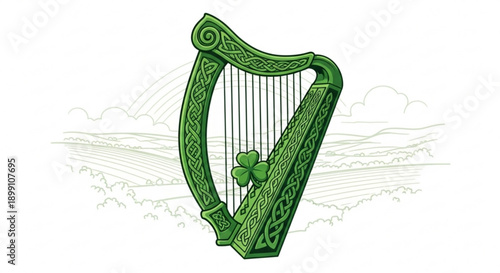 Green celtic harp with shamrock illustration irish heritage symbol traditional music instrument