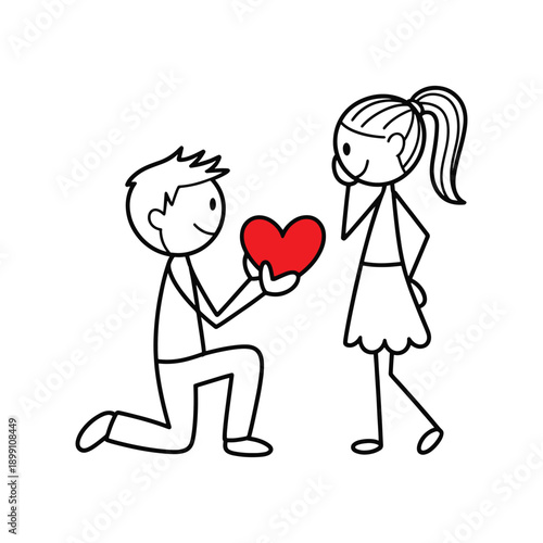 Stick figure man proposing to woman with red heart