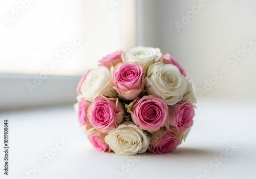 A miniature floral posy featuring soft pink and white garden roses, tightly bundled and emphasizing natural light, texture, and delicate beauty, rustic, flower, celebration