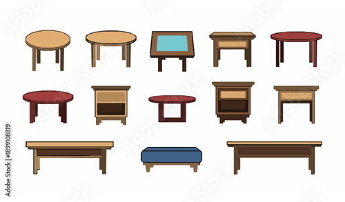 Flat household table furniture vector collection with round and square dining coffee and console tables