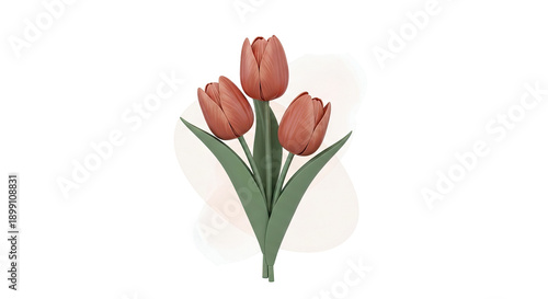 Three Terracotta Tulips with Green Leaves on a Light Background