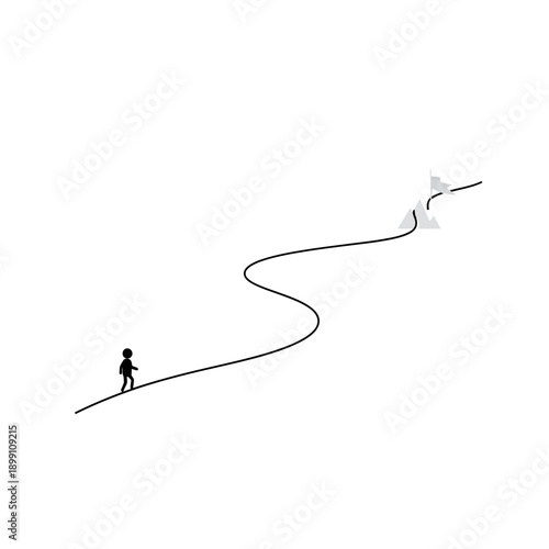 A solitary child walks a winding path towards a distant goal.