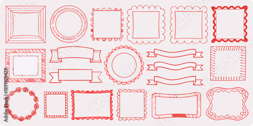 Collection of hand drawn red frames and decorative borders