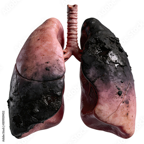 Healthy and diseased human lungs comparison, showing effects of smoking on lung tissue. healthy lung appears pink and smooth, while diseased lung is darkened and damaged