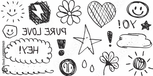 Hand drawn doodle collection featuring various whimsical shapes and symbols