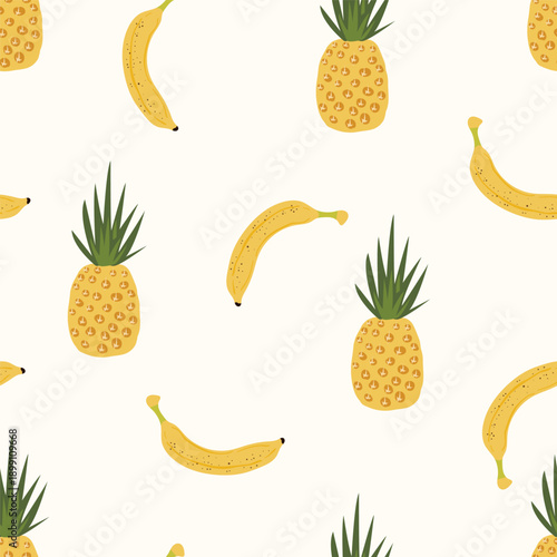 Cheerful hand-drawn banana and pineapple seamless pattern. Exotic fruit vector for summer fashion, beach textiles and organic food packaging. Vibrant tropical surface design