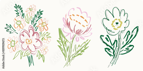 A collection of hand drawn floral sketches in pastel colors