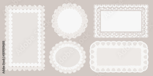 Collection of ornate white doily style frames in various shapes