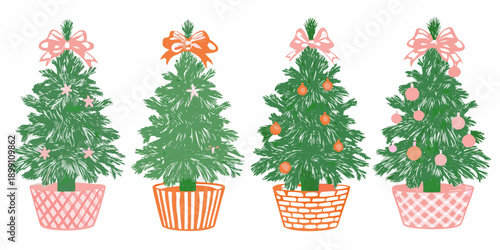 Four decorated christmas trees in colorful pots illustrated style