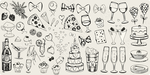 A collection of hand drawn celebratory items including cakes champagne and hearts