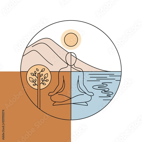 Meditating person in serene natural landscape illustration.