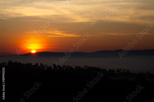 Golden sunrise over tropical forest with sea of mist, beautiful mountain landscape in morning light, warm orange sun rays glowing through fog, peaceful nature background for travel and wellness.