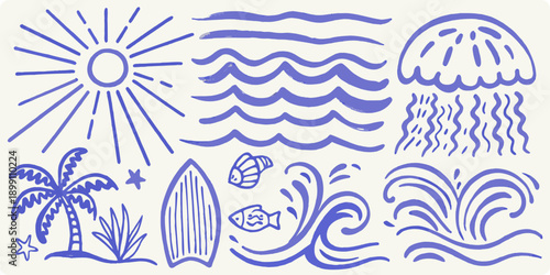 A playful collection of hand drawn summer and ocean themed doodles