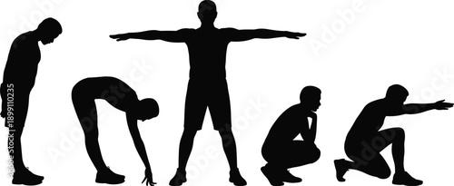 Male fitness stretching silhouette sequence illustration showing warm up exercises, flexibility training, athletic body poses set for workout routine vector