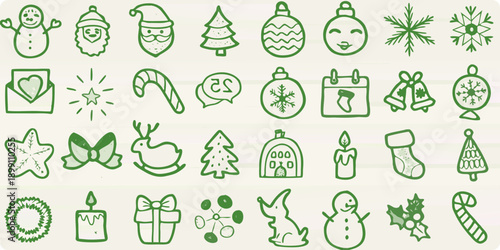 Collection of green line art icons representing winter and christmas themes