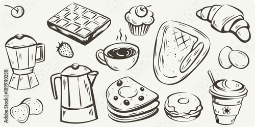 A charming sketch of various breakfast and dessert items arranged together