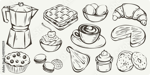 A collection of breakfast items sketched in black and white line art