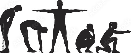 Human body stretching exercise silhouettes set showing warm up, flexibility training, fitness poses, athletic movement sequence for healthy lifestyle illustration vector