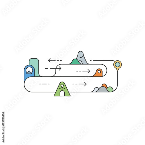 Abstract illustration of a winding road with obstacles and arrows.