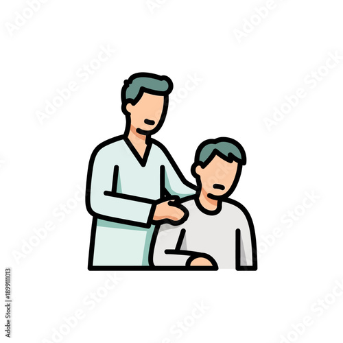 Man comforting another man with a gentle touch.