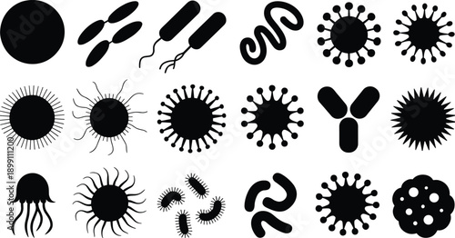 Black microorganism silhouette vector set with bacteria virus germ shapes for medical education, science infographic, laboratory, biology illustration design