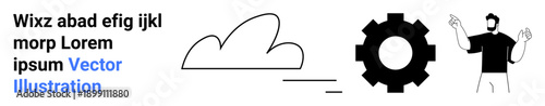 Cloud technology, software development, teamwork, data management, technical support, digital processes. A cloud, gear and person pointing in modern minimalist style. Cloud technology and software