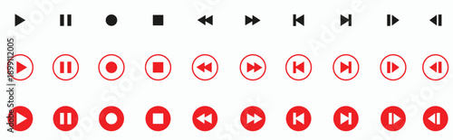 Red media player control icons in solid and outline styles for play, pause, and navigation.