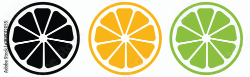 Citrus fruit slices in black, orange, and lime green for healthy food and refreshing drinks.