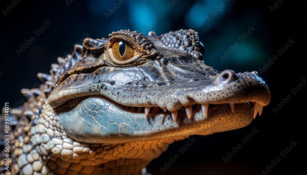 Obraz premium Crocodile head close-up with textured scales and sharp teeth highlighted against dark blurred background.