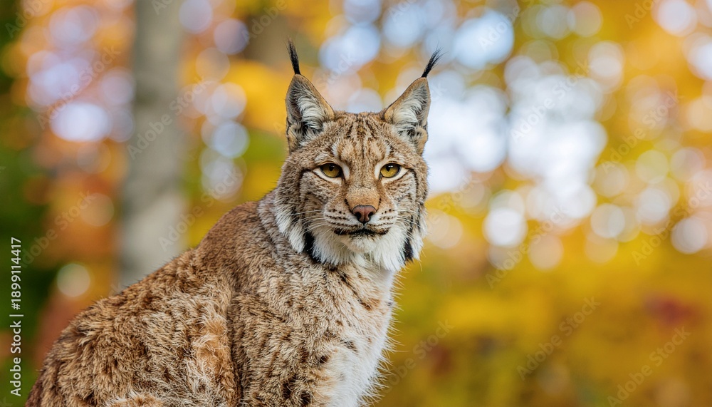 Obraz premium Lynx with spotted fur and ear tufts looking forward in forest with colorful autumn foliage background.