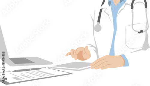 Nurse character sitting at desktop communicating with computer. Hospital element doctor female working with laptop in clinic workplace. Woman medical specialist consultation at cabinet vector