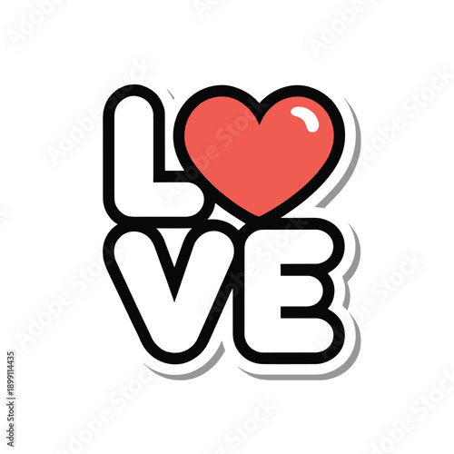 Sticker with love text and heart symbol on white background