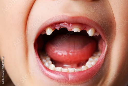 Close up of childs open mouth showing missing front teeth and tongue image