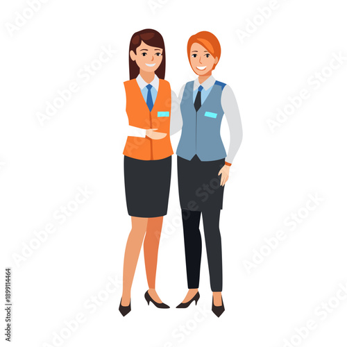 Two Smiling Professional Women in Uniform Vests Standing Together Vector Illustration on White Background
