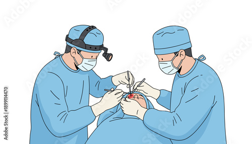 Illustration of surgeons performing an operation in a sterile operating room with medical equipment.